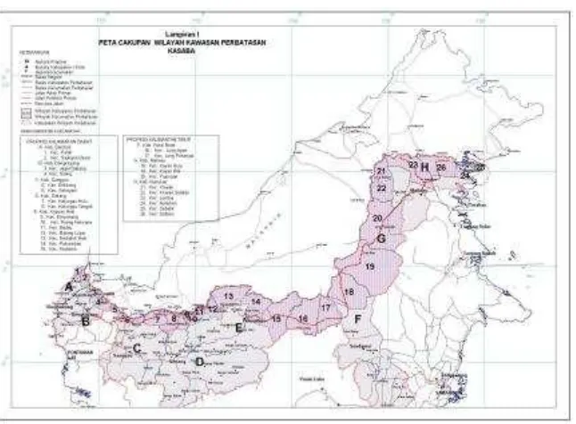Gambar 4. Contoh tampilan peta “Cakupan Wilayah Kawasan Perbatasan Kalimantan” Sumber: Jurnal Pengembangan Ekonomi Kawasan Perbatasan Negara di Kalimantan Barat, 2007 
