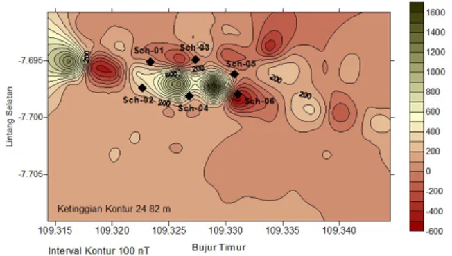 Gambar 5: Ploting titik-titik sounding di atas peta kontur anomali magnetik lokal dalam survey geolistrik resistivitas.