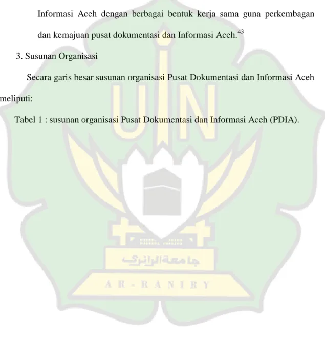 Tabel 1 : susunan organisasi Pusat Dokumentasi dan Informasi Aceh (PDIA). 