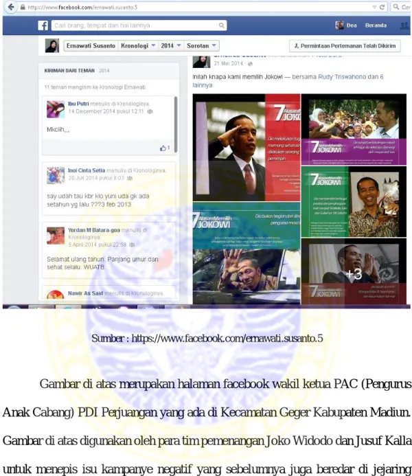 Gambar di atas merupakan halaman facebook wakil ketua PAC (Pengurus  Anak Cabang) PDI Perjuangan yang ada di Kecamatan Geger Kabupaten Madiun