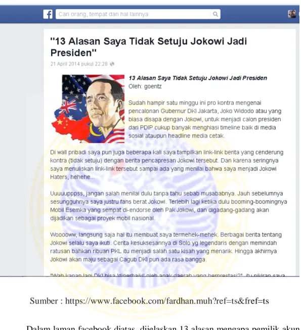 Gambar III.4 Contoh kampanye negatif terhadap Joko Widodo di media sosial  facebook yang menolak Jokowi menjadi Presiden