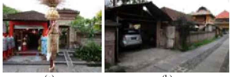 Gambar 4. Ambal-Ambal Salah Satu Rumah di Ubud digunakan  untuk  Sarana Berdagang (a) dan Sempadan Tembok Pekarangan di Salah Satu  Rumah di Ubud yang Dimodifikasi Menjadi Tempat Parkir Mobil (b) 