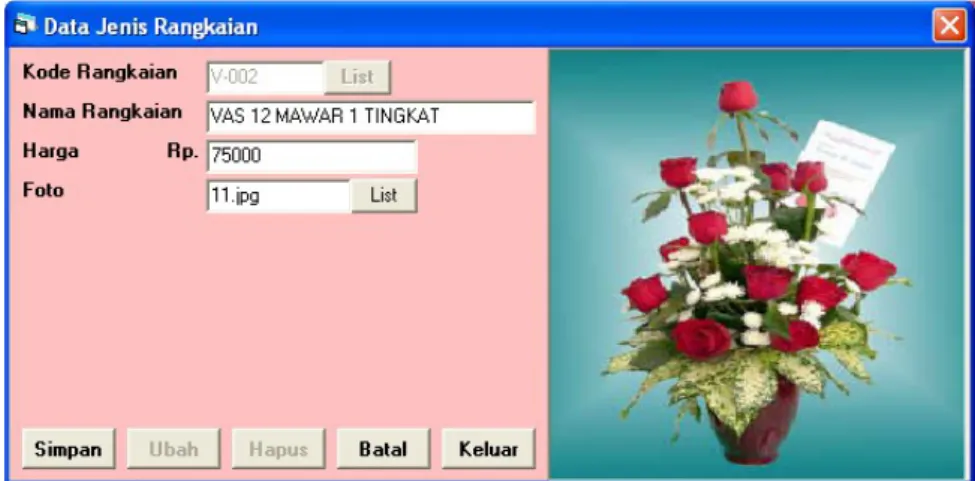 Gambar 5. Form Input Data Jenis Rangkaian 3) Form Input Data Pesanan Rangkaian Bunga