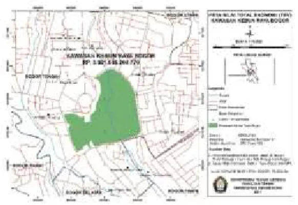 Gambar 6 Peta Nilai Guna Langsung   Berdasarkan  hasil  yang  diperoleh  Peta  DUV  pada  Gambar  6,  Kawasan  Kebun  Raya  Bogor  berada  pada  klasifikasi  warna  hijau  dengan  nilai  fungsi  kawasan  &gt;  Rp  1.000.000.000.000,-  dengan  nilai  fungsi