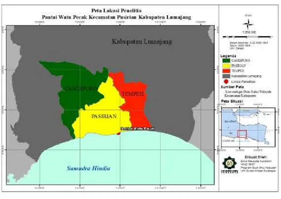 Gambar 3. 1 Peta Lokasi Penelitian Pantai Watu Pecak (Peneliti,  2020 )  3.2 Tahapan Penelitian 