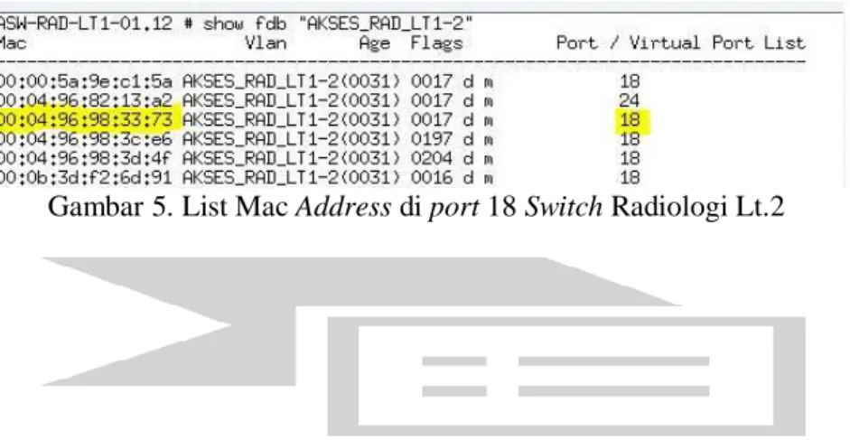 Gambar 5. List Mac Address di port 18 Switch Radiologi Lt.2 