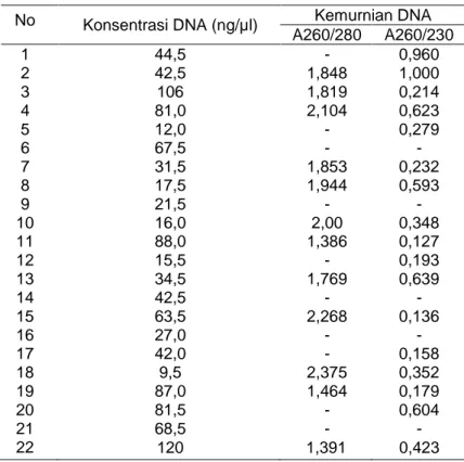 Tabel 1. Hasil Uji Kualitatif DNA Hasil Isolasi  No  Konsentrasi DNA (ng/µl)  Kemurnian DNA 