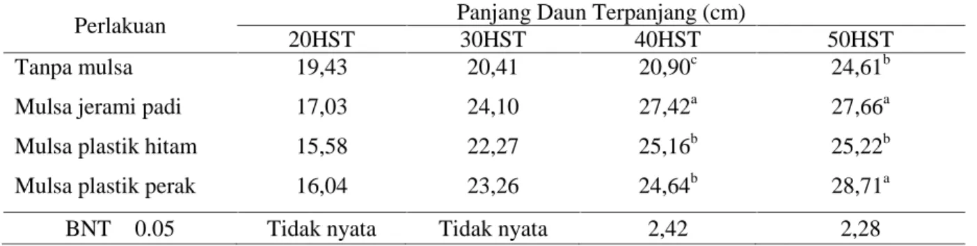Tabel 4. Rata-rata Panjang  Daun  Terpanjang  (cm)  Tanaman Bawang  Merah  Pada Berbagai Jenis Mulsa