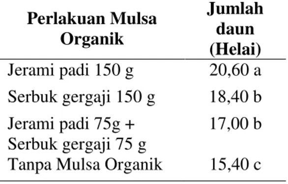 Tabel  2.  Jumlah  daun  tanaman  kakao  umur 3 bulan dengan pemberian mulsa  organik
