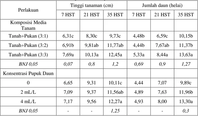 Tabel 1.  Tinggi Tanaman dan Jumlah Daun Tanaman Selada pada perlakuan komposisi Media  Tanam dan Konsentrasi Pupuk Daun Groprint  
