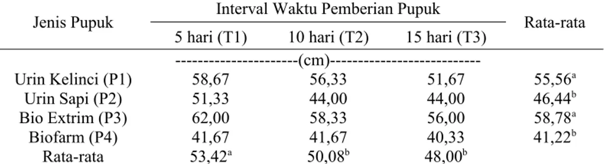 Tabel 1. Tinggi Tanaman Cabai Rawit pada  Perlakuan Jenis Pupuk dan Interval Waktu Pemberian Pupuk yang Berbeda
