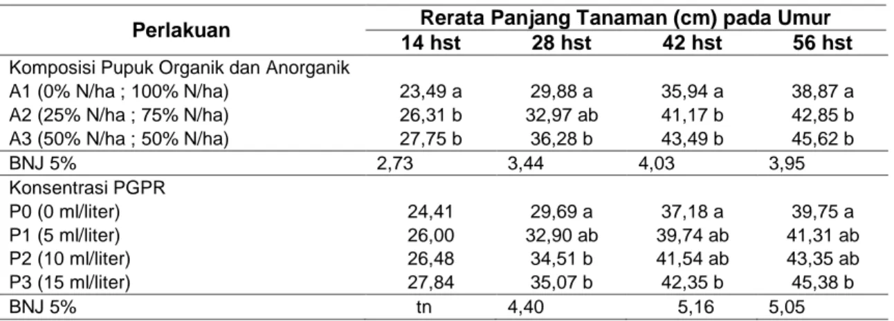 Tabel  2.  Rerata  panjang  tanaman  bawang  merah  pada  berbagai  umur  pengamatan  akibat  perbedaan perlakuan komposisi pupuk organik-anorganik dan konsentrasi PGPR 