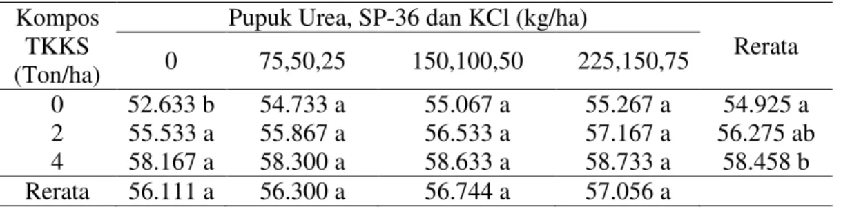 Tabel  6.  Rerata  diameter  tongkol  (mm)  dengan  pemberian  kompos  TKKS  dan  pupuk  Urea, SP-36 dan KCl  