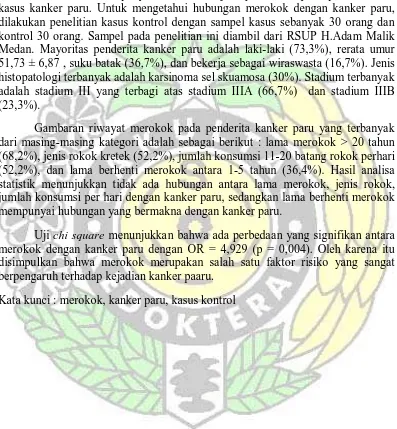 Gambaran riwayat merokok pada penderita kanker paru yang terbanyak dari masing-masing kategori adalah sebagai berikut : lama merokok > 20 tahun 