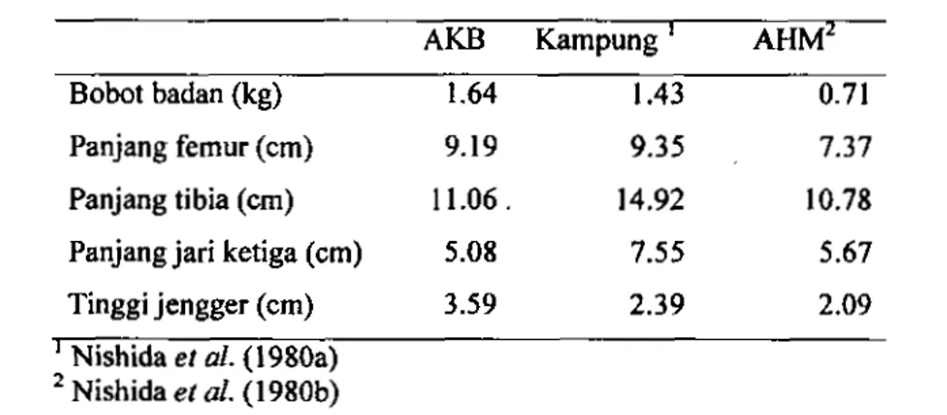 Tabel  1 1   Perbandingan bobot  badan  dan  ukuran  tubuh  AKB, ayam  Kampung  di  Sumatera  Barat dan  ayam  Hutan Merah  (AHM) 