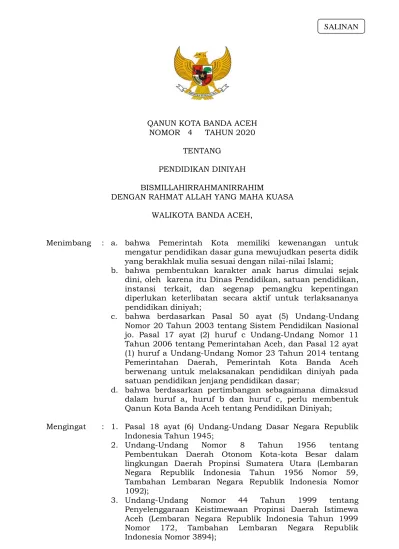 QANUN KOTA BANDA ACEH NOMOR 4 TAHUN 2020 TENTANG PENDIDIKAN DINIYAH ...