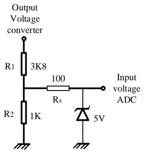 Gambar 2. Rangkaian Pembaca Tegangan         Pada  panel  sel  surya  mempunyai  Vout  maksimal  24  Volt,  pada  mikrokontroler  menggunakan  V referensi   sebesar  5  Volt