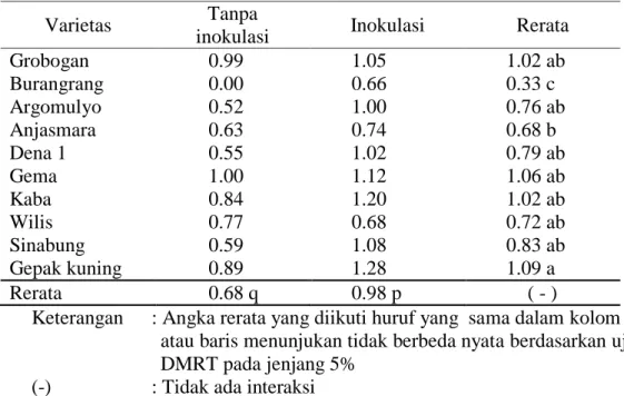 Tabel 6. Pengaruh inokulasi Rhizobium japonicum terhadap bobot biji per    tanaman pada kultivar kedelai di lahan pasir pantai (gram)