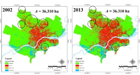 Gambar 2. Klasiﱠikasi tutupan lahan di Kota Palembanﱡ pada tahun 2002 dan 2013 
