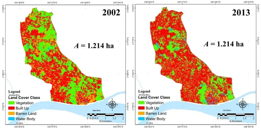 Gambar 4. Klasiﱠikasi tutupan lahan di DAS Bendunﱡ pada tahun 2002 dan 2013 