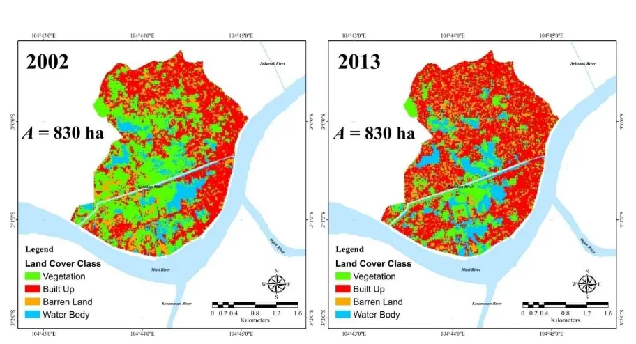 Gambar 13. Klasiﱠikasi tutupan lahan di DAS δawanﱡ Kidul pada tahun 2002 dan 2013 