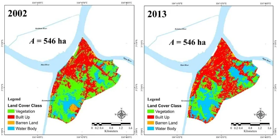 Gambar 1θ. Klasiﱠikasi tutupan lahan di DAS Jakabarinﱡ pada tahun 2002 dan 2013 