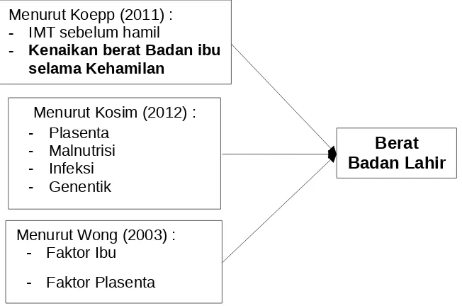 Gambar 2.1  Kerangka teori faktor-faktor yang mempengaruhi berat badanlahir dari Koepp (2011), Kosim (2012) dan Wong (2003).