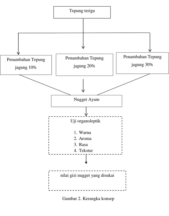 Gambar 2. Kerangka konsep Penambahan Tepung  jagung 20% 20%  Penambahan Tepung jagung 30%       30% Penambahan Tepung jagung 10% 10 % Nugget Ayam Uji organoleptik 1