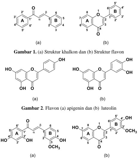 Gambar 1. (a) Struktur khalkon dan (b) Struktur flavon 