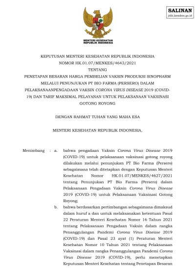 KEPUTUSAN MENTERI KESEHATAN REPUBLIK INDONESIA NOMOR HK.01.07/MENKES ...