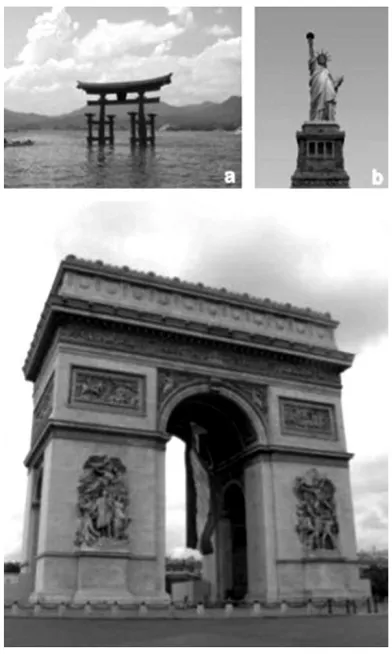 Gambar 1(a). Torii Itsukushima, Jepang;  (b). Patung Liberty, Amerika Serikat; (c) Arc de Triomphe, Perancis.Sumber: http://wikipedia.org  