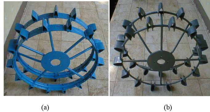 Gambar 2.  Roda besi prototip ideal (a) dan prototip industri (b) 