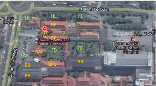 Gambar 9. Tatanan Masa Bangunan RS. Panti Rapih: BAL= Bangunan Administrasi Lama;BPL  =  Bangunan Perawatan Lama; BB= Bangunan Baru; TD= Taman dalam; HL= Halaman luar 