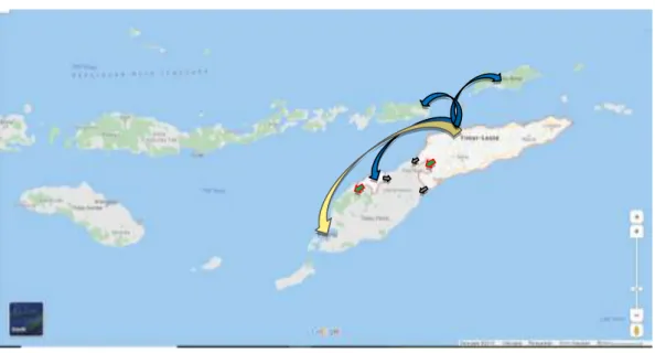 Gambar 2  Simulasi rute masuk ASF ke Indonesia (panah kuning: jalur udara,  panah biru: jalur laut, panah abu-abu: jalur darat, panah hijau: jalur hutan)  Simpulan 