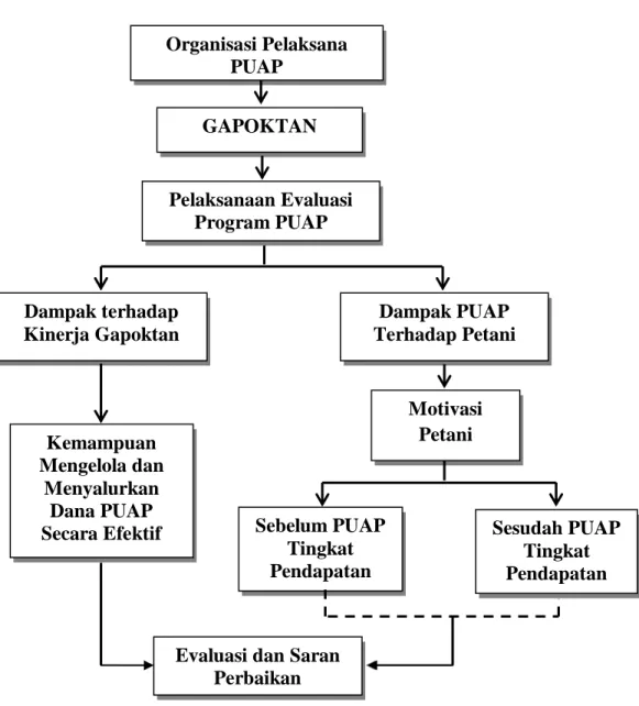 Gambar 1. Skema Kerangka Pemikiran Organisasi Pelaksana PUAP Sebelum PUAP Tingkat Pendapatan GAPOKTAN  Dampak PUAP  Terhadap Petani Dampak terhadap Kinerja Gapoktan  Sesudah PUAP Tingkat Pendapatan Kemampuan Mengelola dan Menyalurkan Dana PUAP Secara Efekt