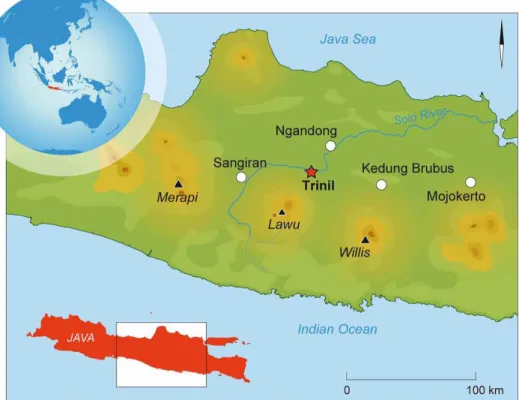 Figure 1.  The location of Trinil and other early hominin sites at Java, Indonesia (Source:  Joordens et al