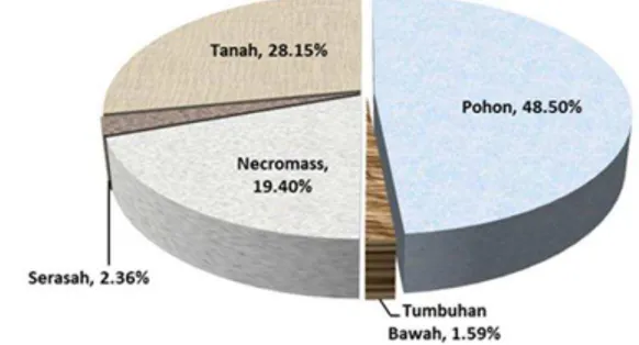 Gambar 4.   Persentase  komponen  penyumbang  cadangan  karbon  (carbon  pool)  Kebun  Raya Balikpapan 