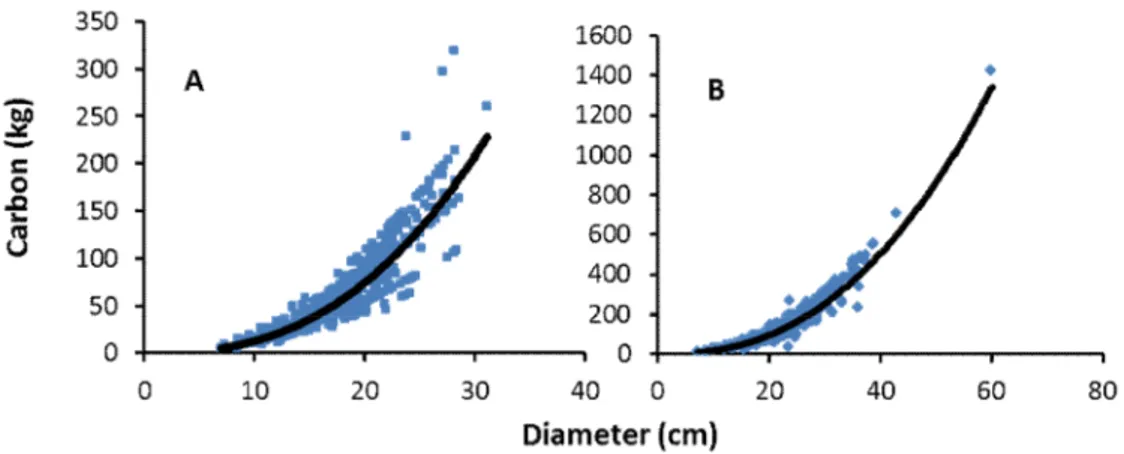 Gambar 2.  Estimasi  biomasa  tegakan  pinus  dengan  persamaan  alometrik  berdasarkan  diameter, 