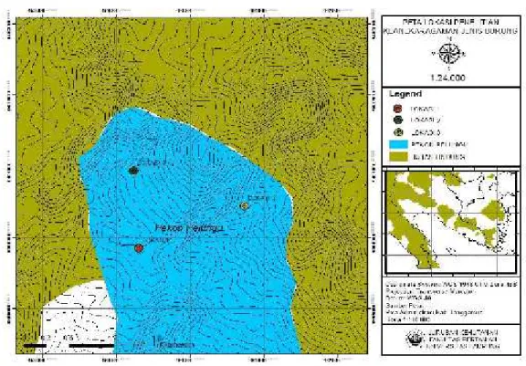 Gambar 1. Peta lokasi penempatan titik pengamatan burung di Hutan Rakyat Pekon Kelungu Kecamatan Kotaagung Kabupaten Tanggamus menggunakan metode titik hitung