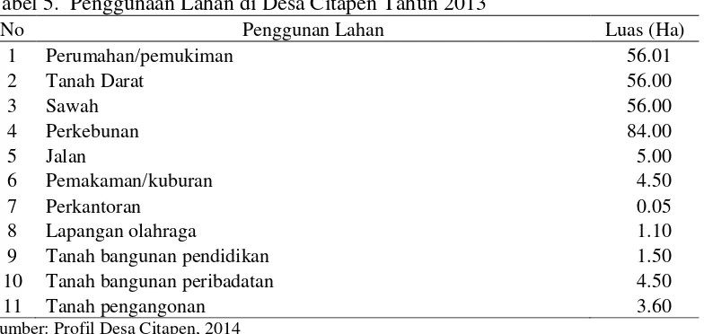 Tabel 5.  Penggunaan Lahan di Desa Citapen Tahun 2013 