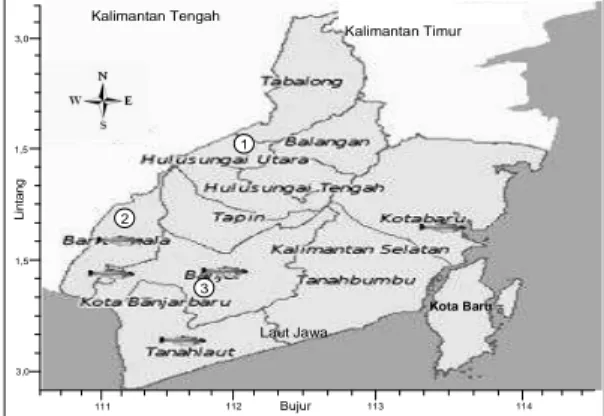 Gambar 1. Peta pengambilan sampel di rawa Kalimantan Selatan