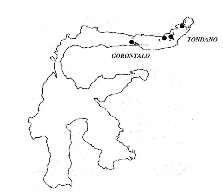 Gambar 1. Peta lokasi penelitian (1: D. Tondano, 2: D. Moat, 3: D. Tondok dan 4: D. Limboto) 