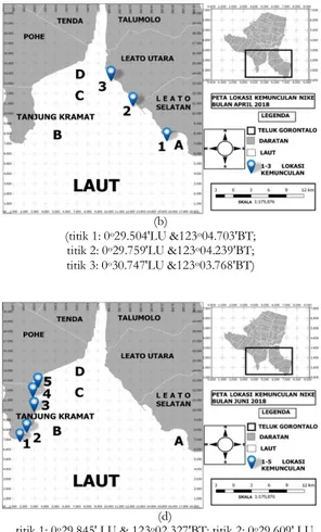 Gambar 2. Peta lokasi kemunculan ikan nike pada bulan (a) Maret 2018; (b) April 2018;   (c) Mei 2018; (d) Juni 2018; (e) Juli 2018 