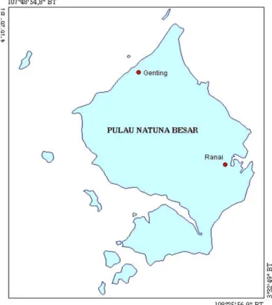 Gambar 1.  Peta Pulau Natuna Besar, pantai timur pulau tersebut merupakan daerah penelitian