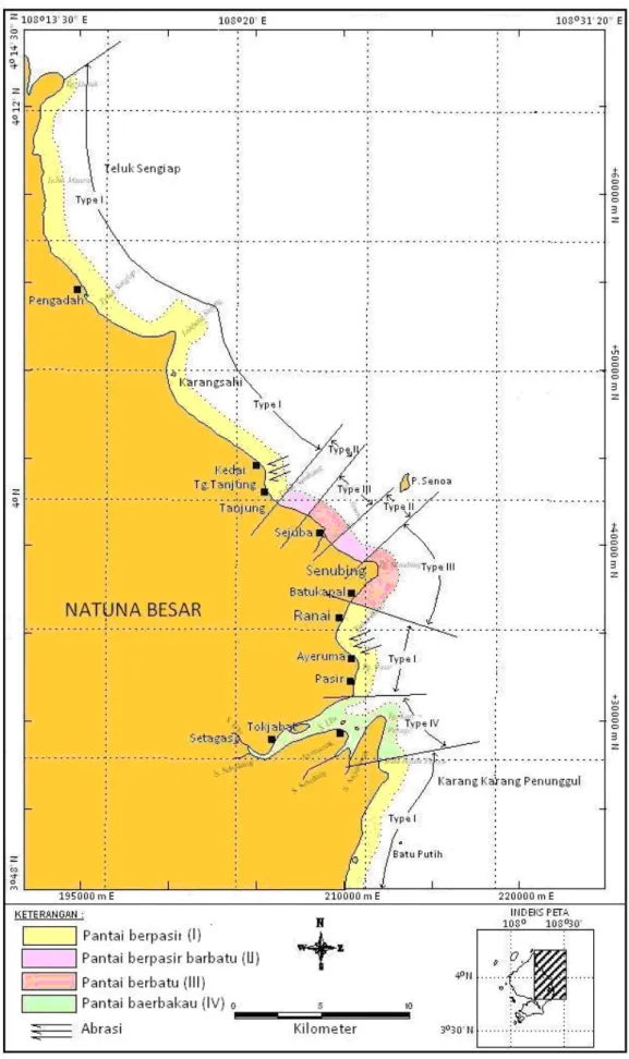 Gambar 2. Peta karakteristik pantai kawasan pesisir Pulau Natuna Besar.