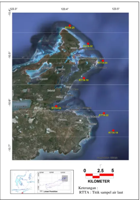 Gambar 1.  Peta lokasi pengambilan sampel air laut untuk uji logam berat di laboratorium