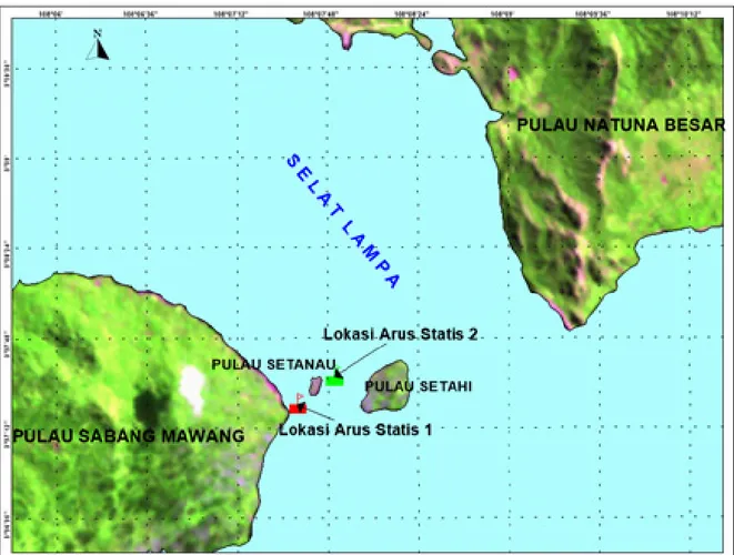 Gambar 4.  Lokasi pengukuran arah dan kecepatan arus laut di Perairan Selat Lampa, Natuna, Kepulauan Riau (Saputra dkk, 2014).