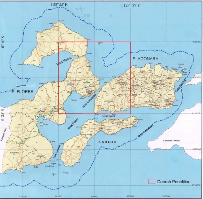 Gambar 1. Lokasi  penelitian di pantai timur P. Flores dan pantai barat P. Adonara