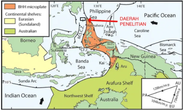 Gambar 2.  Interaksi tiga megalempeng di Indonesia bagian timur (Pacific PA, Australia AU dan Eurasia EU), dan lokasi mikrolempeng Bird's Head-Halmahera (BHH)