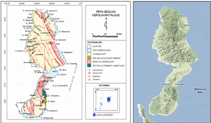 Gambar 6.  Peta geologi Kepulauan Talaud (Sukamto dan Suwarna, 1986; kiri). Sebelah kanan citra earthgoogle terrain tampak menunjukkan morfologi yang mencerminkan kondisi geologi sebelah kiri.